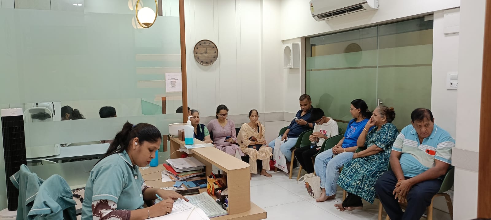 Mahavir Netralaya waiting area with patients seated near reception